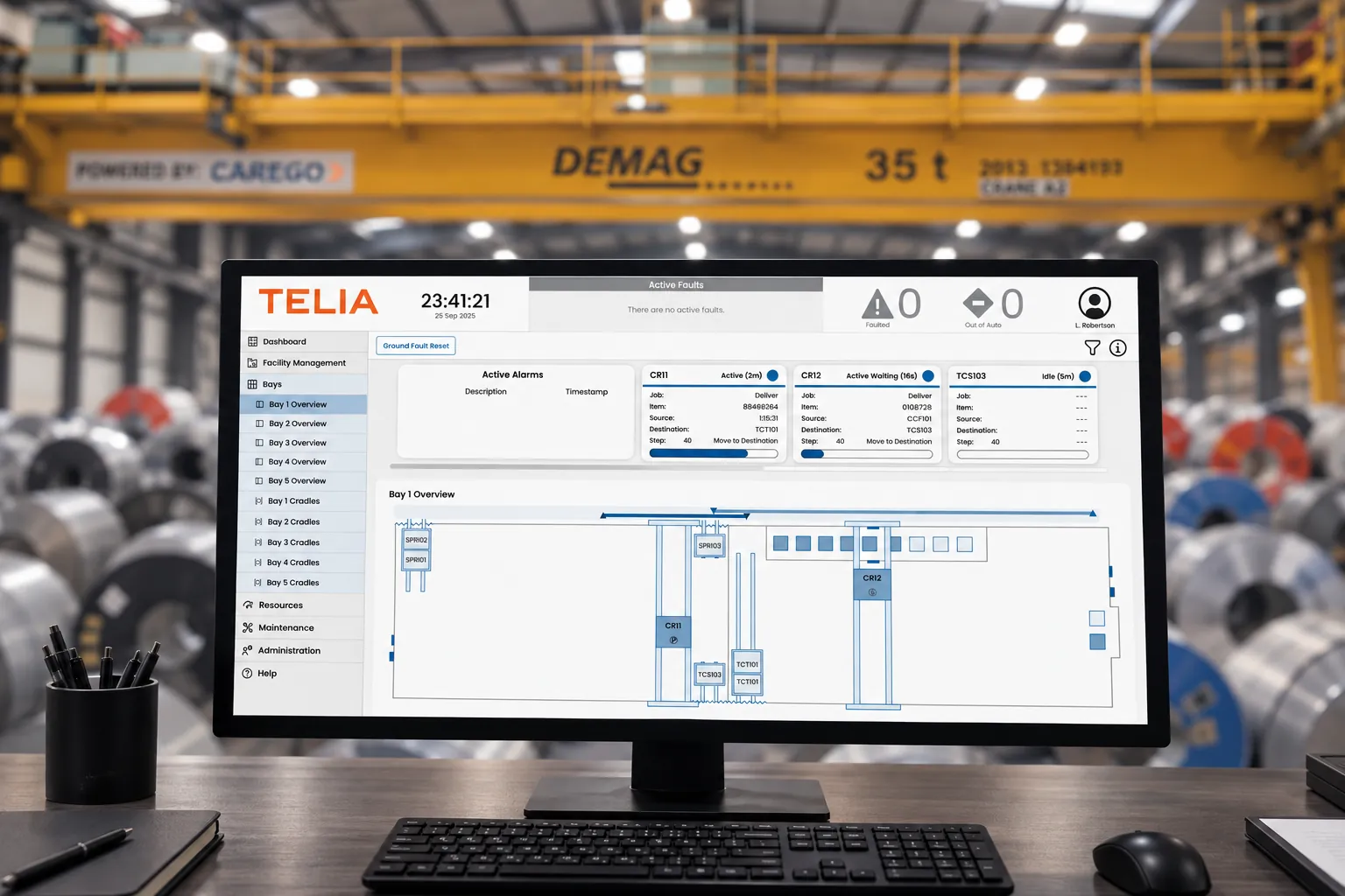 Vista in tempo reale dell'impianto in TELIA con le attività dei carriponte e le posizioni dei materiali