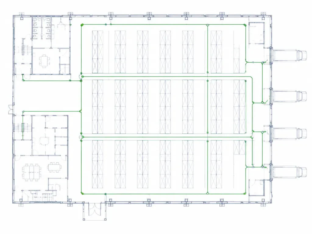Grundriss mit direkten, geordneten Materialtransportwegen