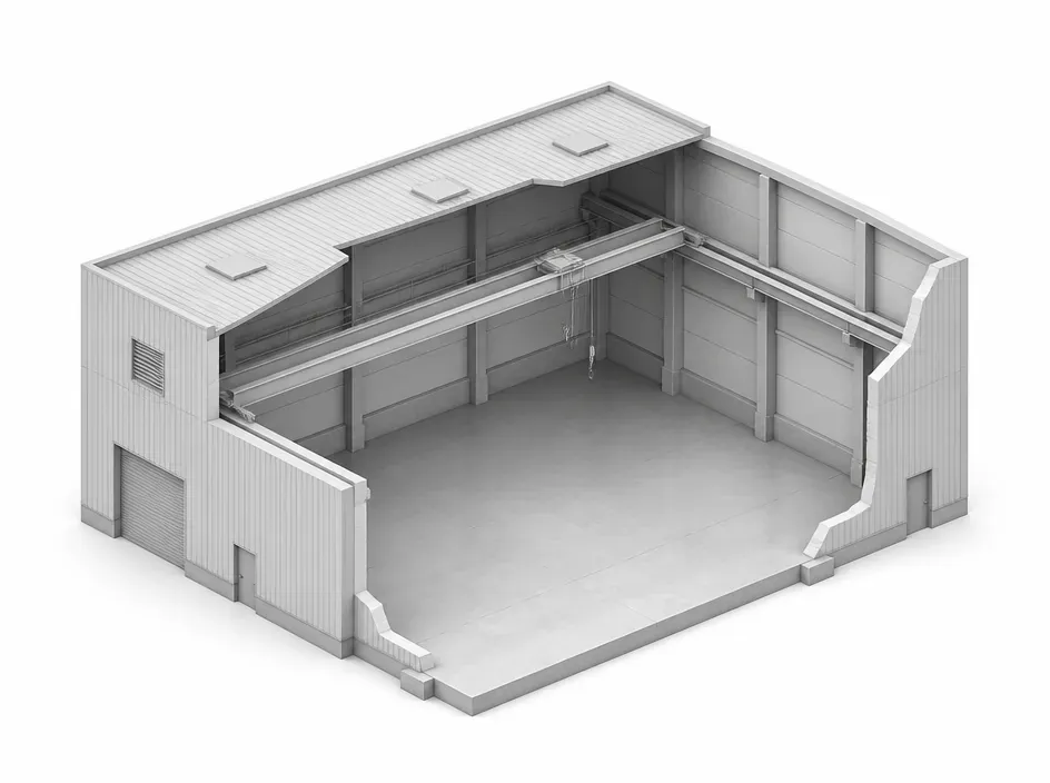 Rendering architettonico isometrico nei toni del blu di un magazzino vuoto