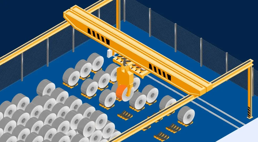 Isometrische Illustration von CareGo eines Brückenkrans beim Materialtransport durch die Anlage