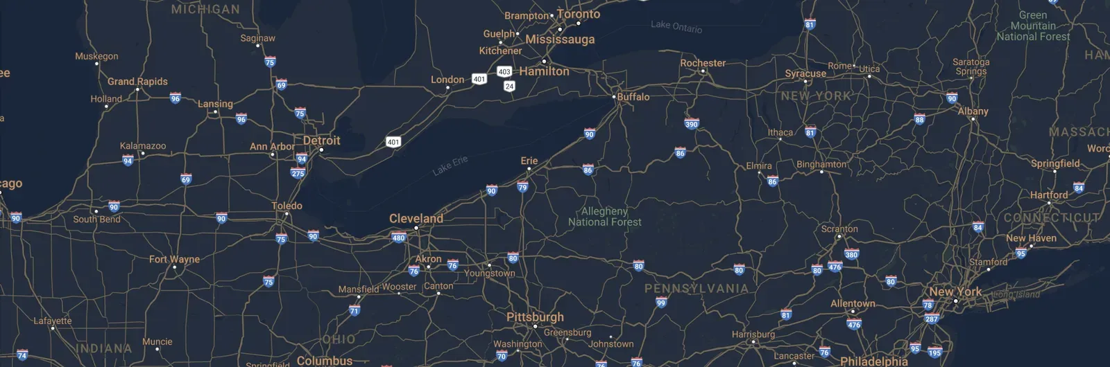Kaart van het gebied rond de Grote Meren met de kantoren van CareGo in Burlington, Ontario en Zelienople, Pennsylvania