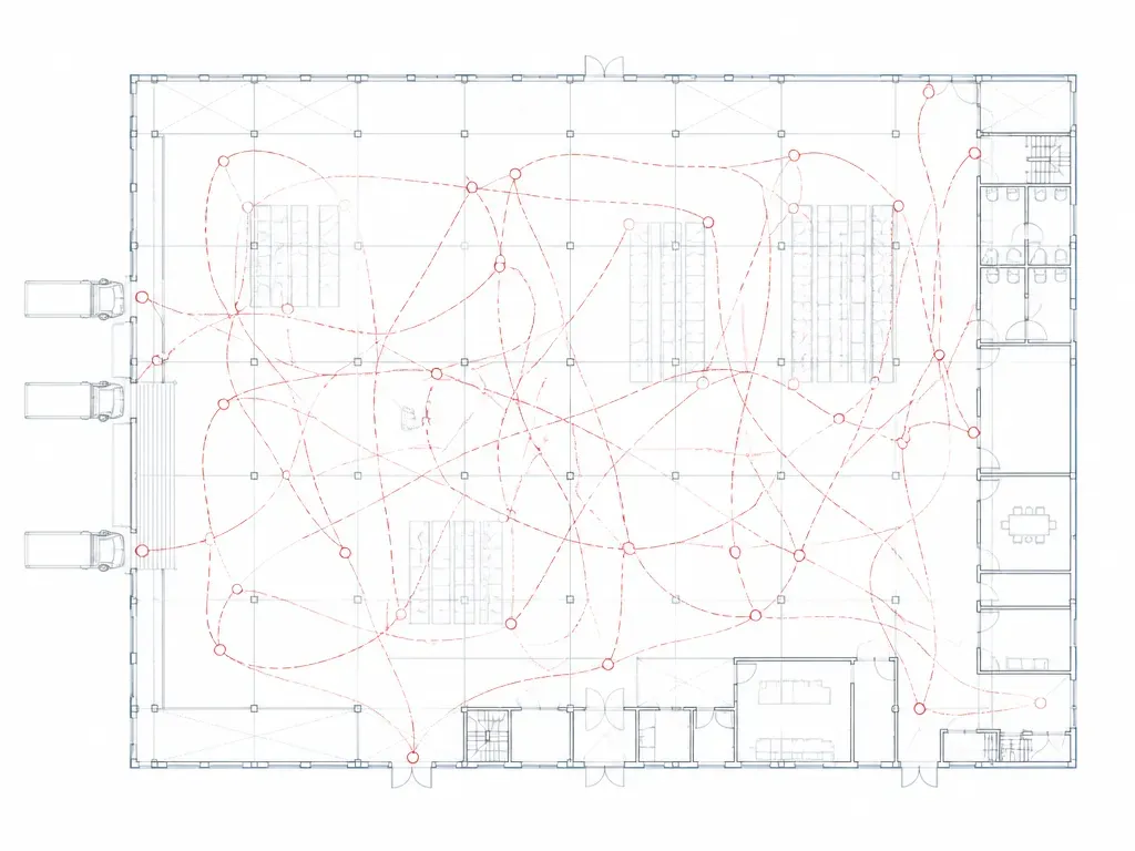 Grundriss mit verworrenen Materialtransportwegen